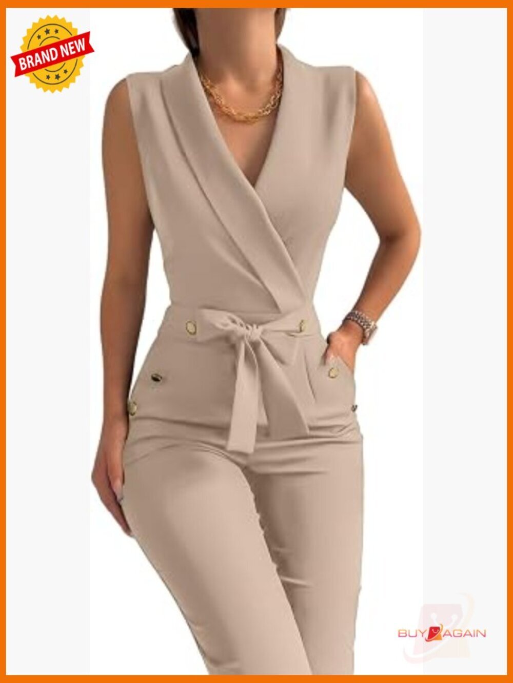 V Neck Sleeveless Jumpsuit with Belt Pockets Business Workwear